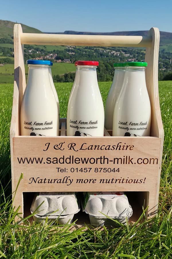 Saddleworth Milk milk crate with milk and eggs